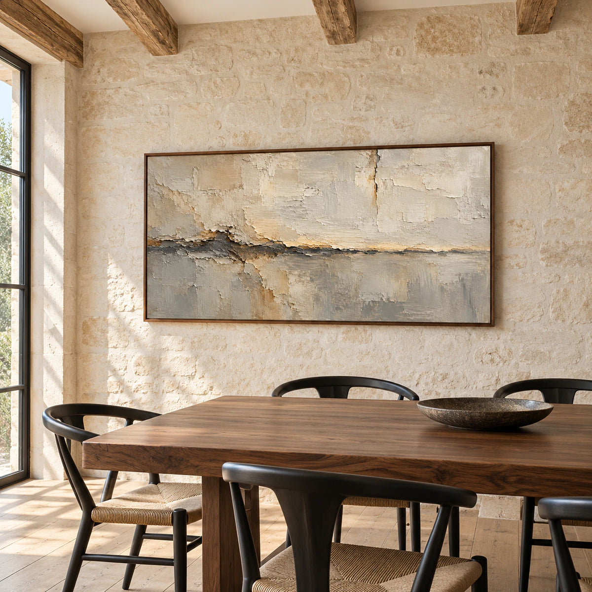 Large Fractured Mantle artwork commanding the wall of a refined dining room with a dark wood table and understated chairs.