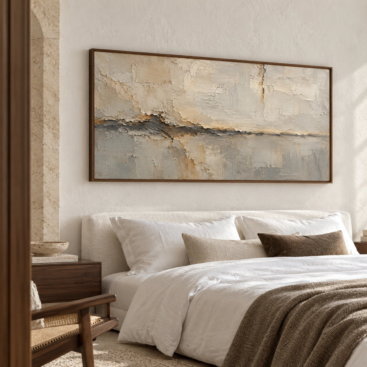 Large Fractured Mantle artwork above a simple bed in a quiet bedroom with pale linens and gentle daylight.