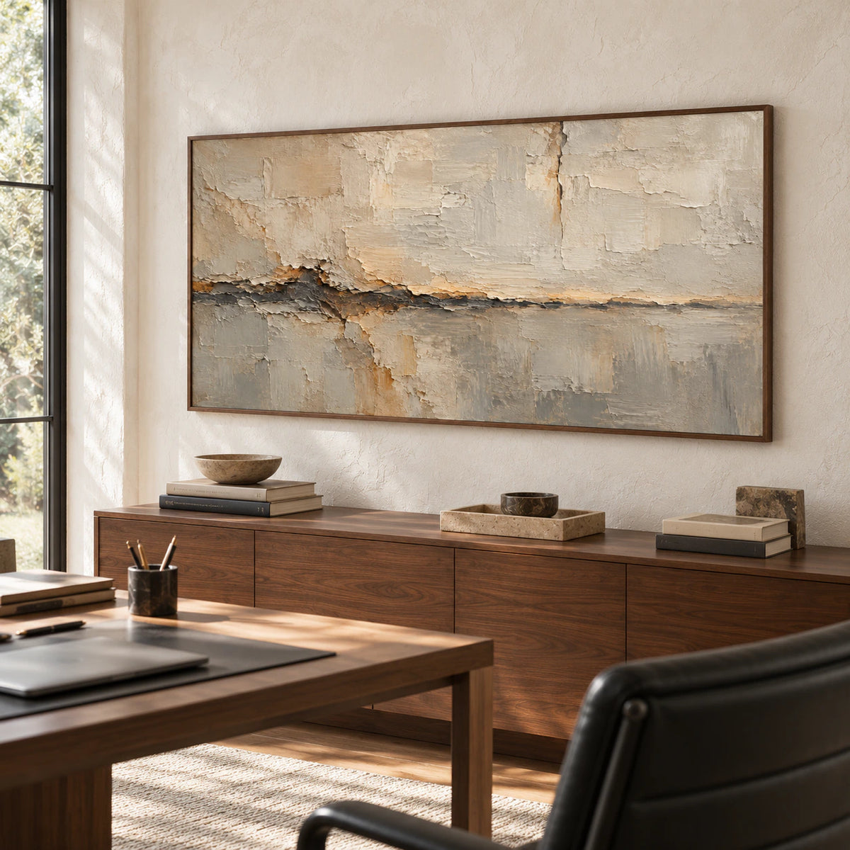 Large Fractured Mantle artwork in an airy home office with a clean desk, muted furnishings and bright natural light.