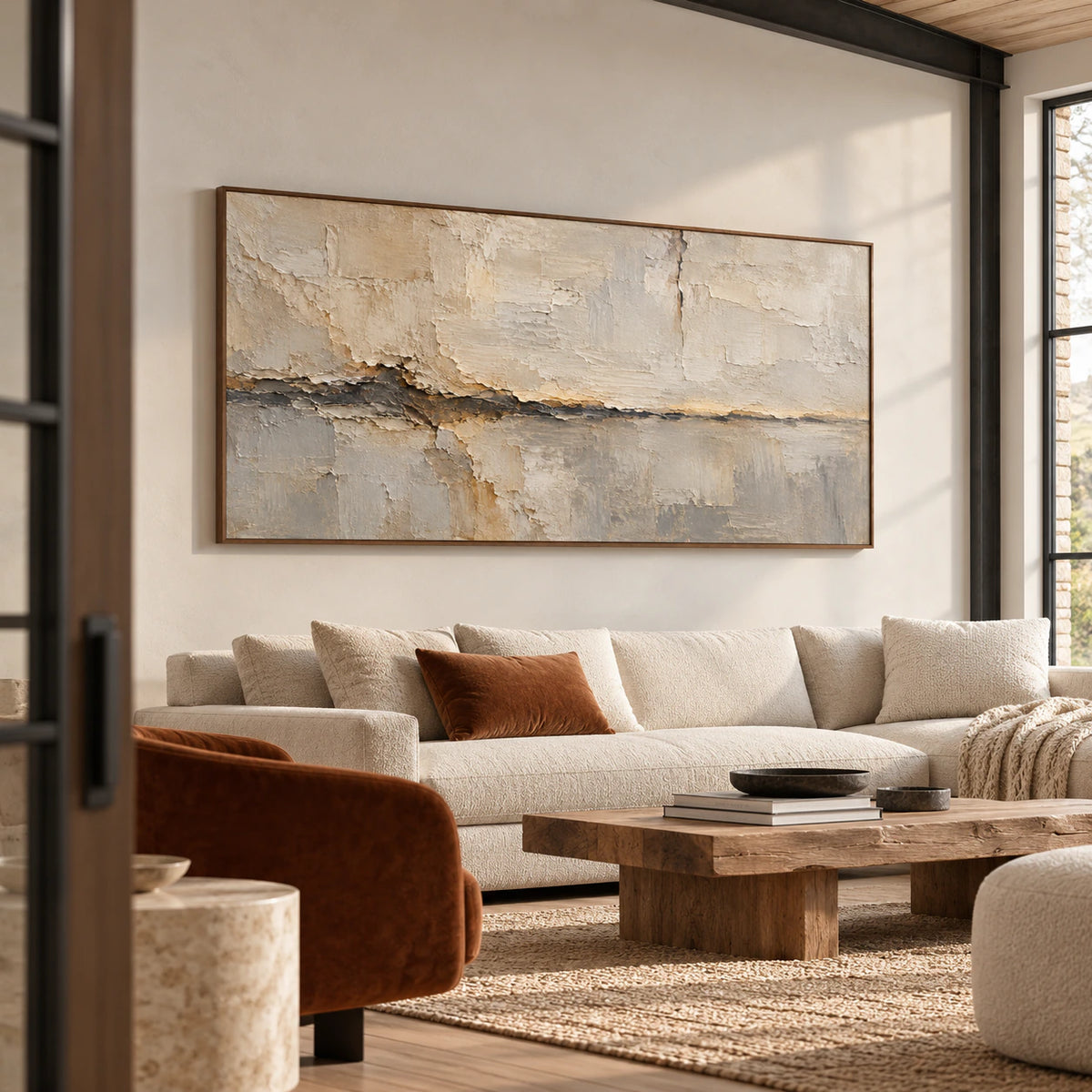 Fractured Mantle artwork displayed at impressive scale in an expansive modern loft interior with high ceilings and open daylight.