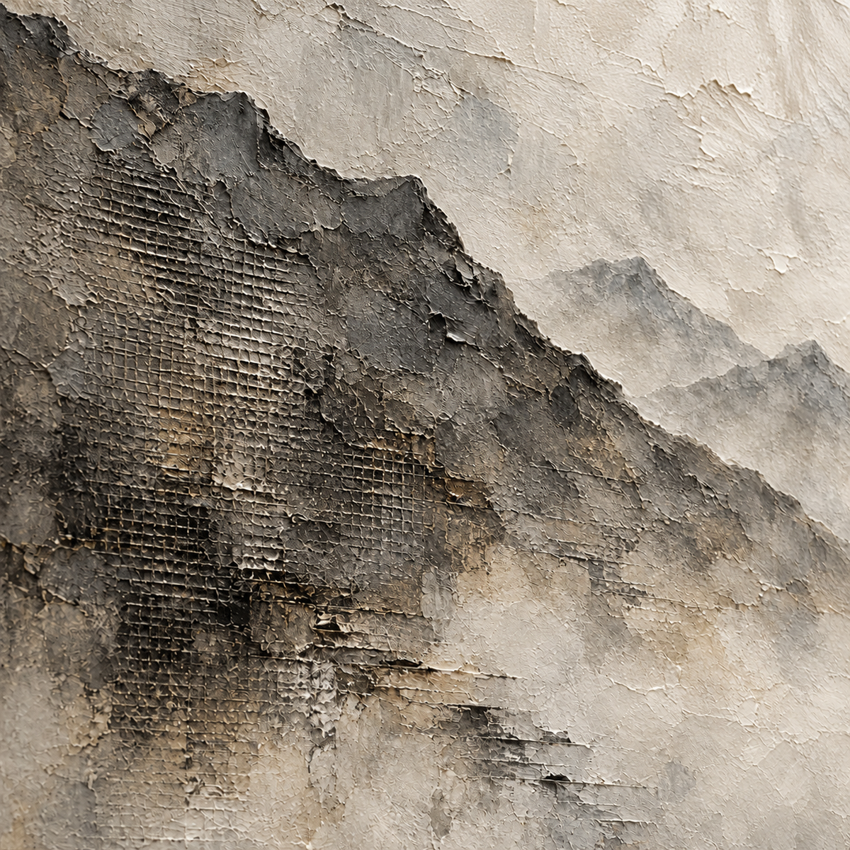 Oblique close-up of the mountain oil painting, with grazing light revealing raised paint, grid-like impressions and transitions between dark gray and ivory.