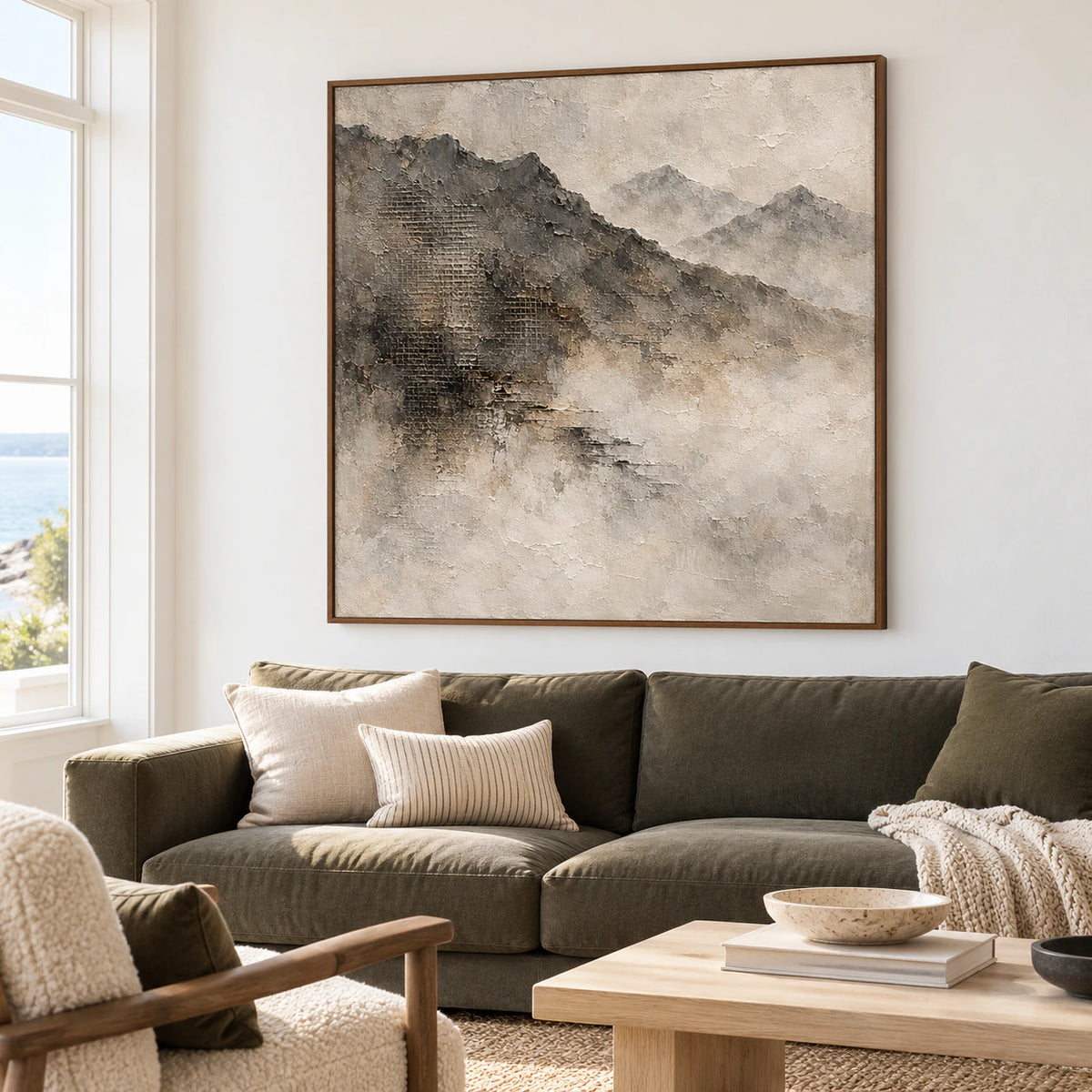 Square mountain painting above a muted olive sofa on a light neutral wall in a bright living room, viewed slightly from the left at seated height.