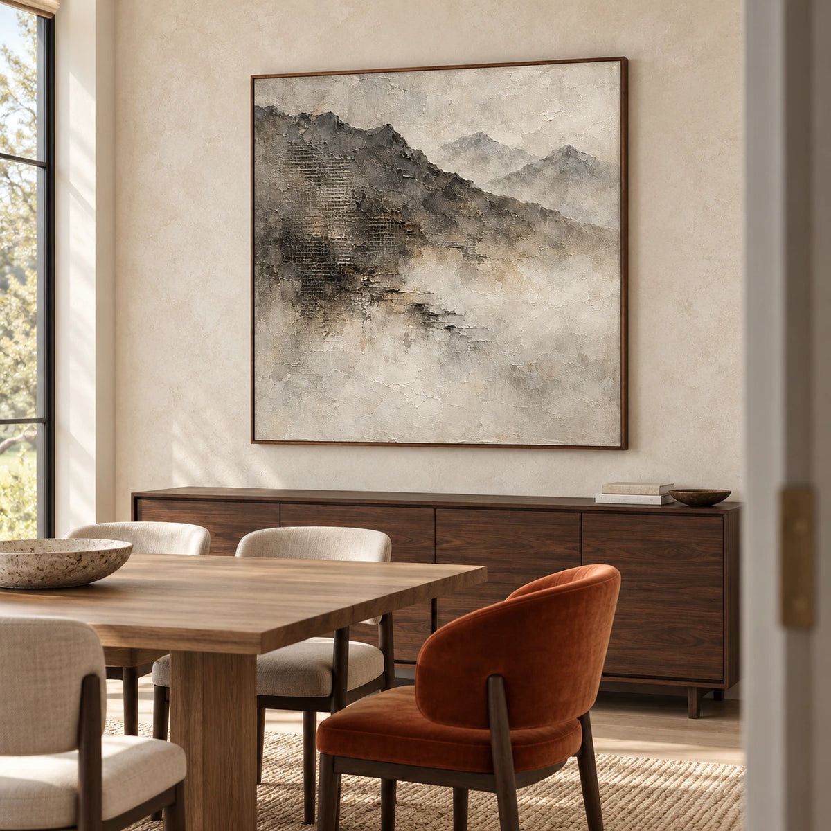 Square mountain painting above a dark timber sideboard in a bright dining room with a pale limestone wall, slender table and contrasting chairs, viewed from the right.
