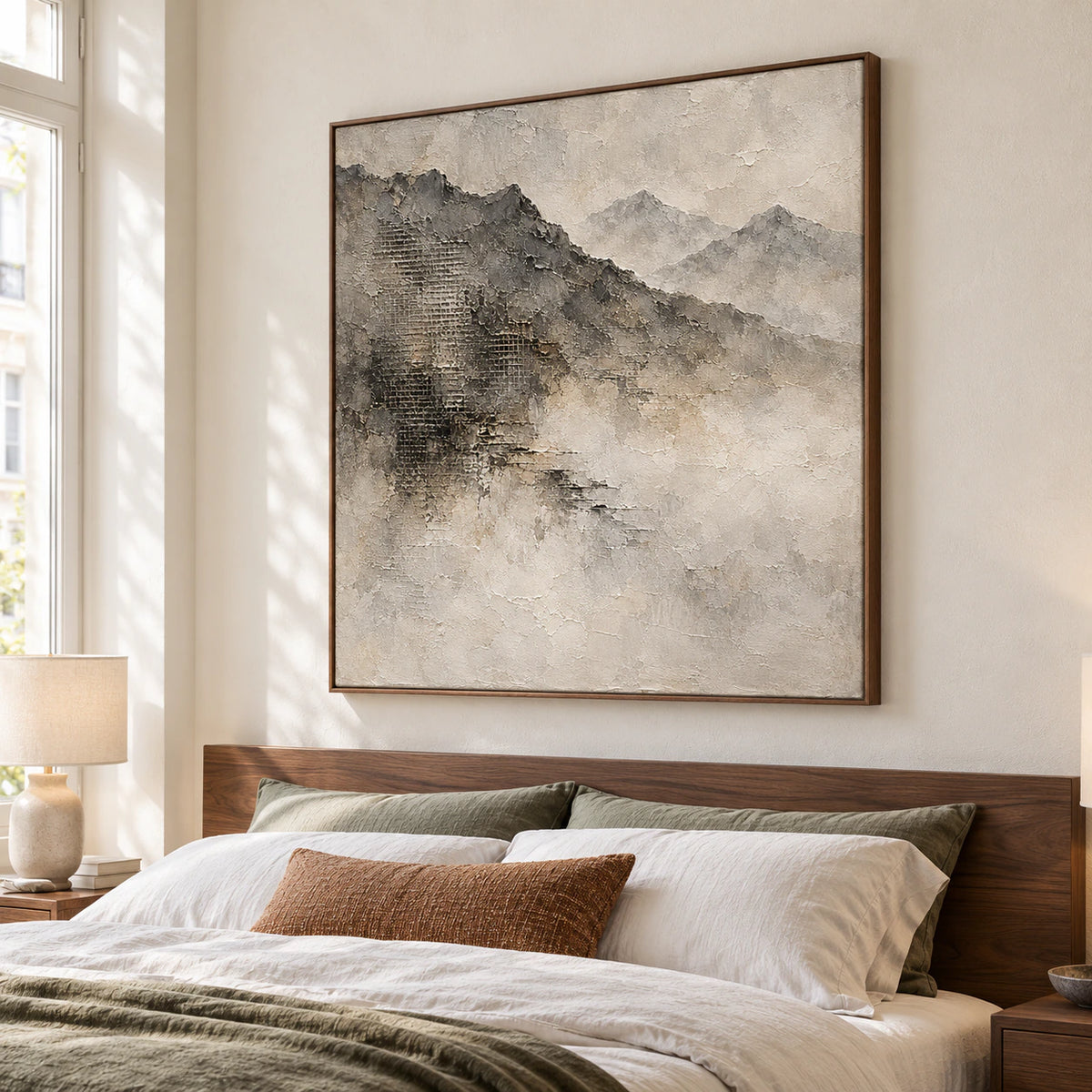 Square mountain painting above a low walnut headboard against a warm white wall, with soft linen bedding in a bright bedroom, viewed gently from the left.