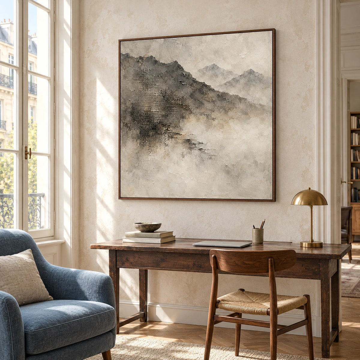 Square mountain painting above a dark wood desk beside tall windows in an airy office and reading space with a muted blue chair, viewed from the right.
