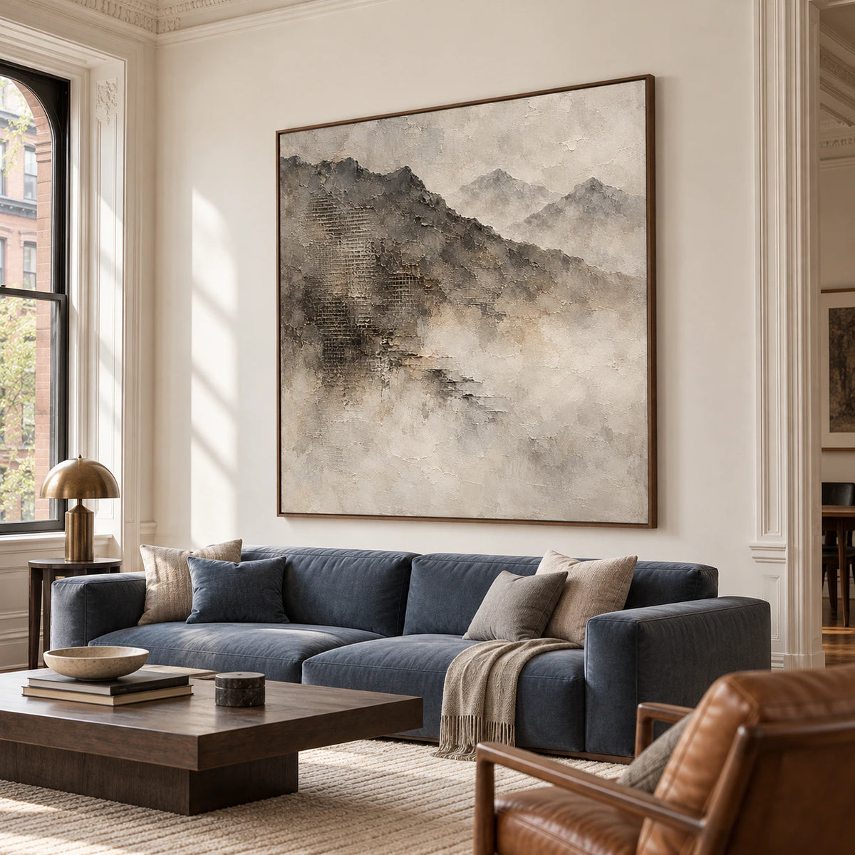 Square mountain painting on a broad pale wall in a bright, high-ceilinged living room with leather, dark timber and muted blue furnishings, viewed from the left.