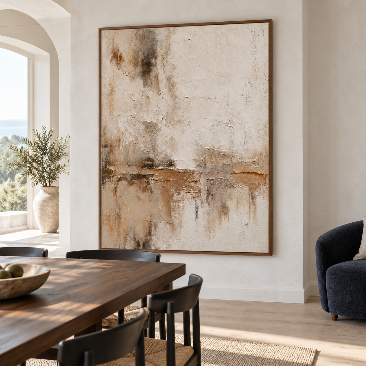 Fractured-Veil artwork anchoring a refined dining room with a dark wood table.