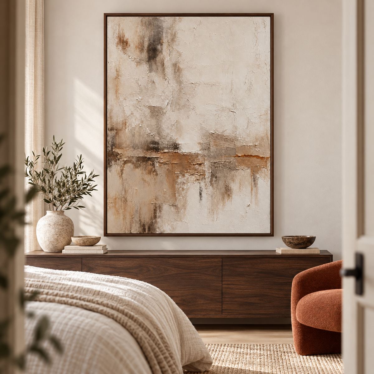 Fractured-Veil artwork above a quiet bedroom console in soft natural daylight.
