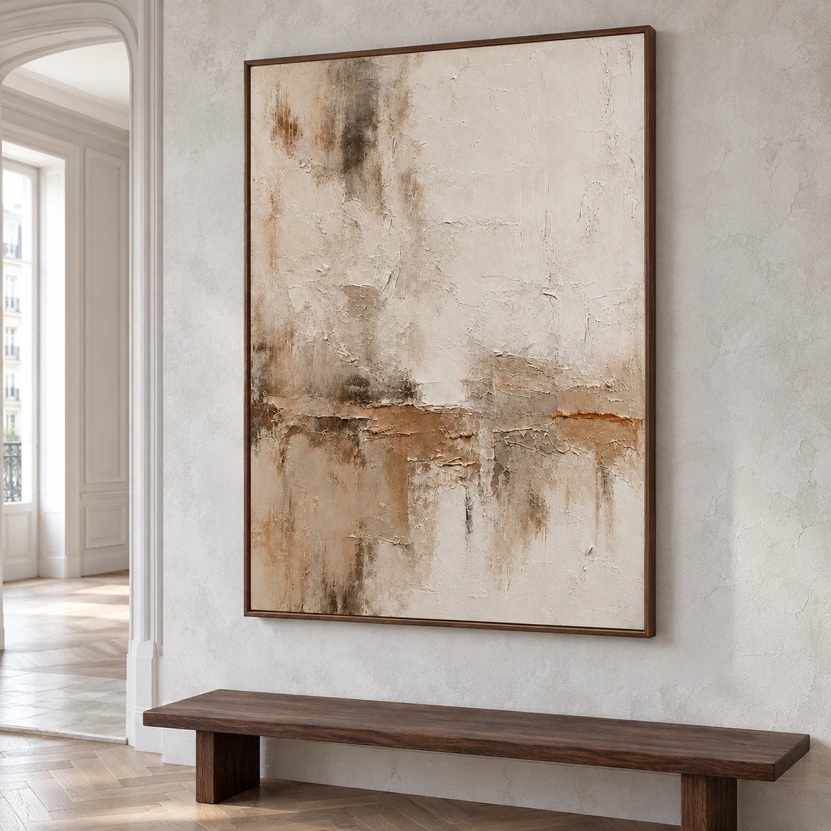 Large Fractured-Veil artwork displayed in a bright gallery-scale foyer.