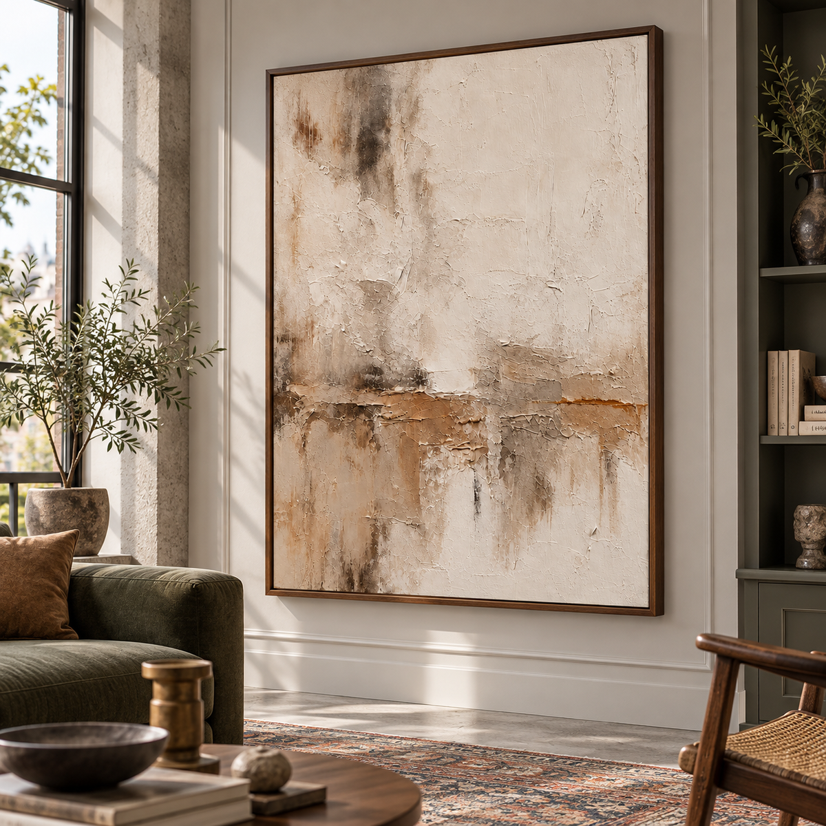 Fractured-Veil artwork commanding an expansive, daylight-filled loft interior.