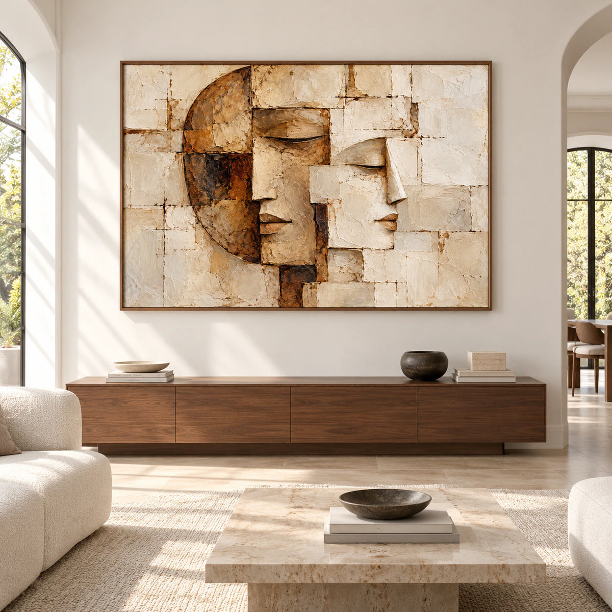 Fragmented-Visage displayed above a low console in a spacious, bright room, viewed straight-on in natural daylight.