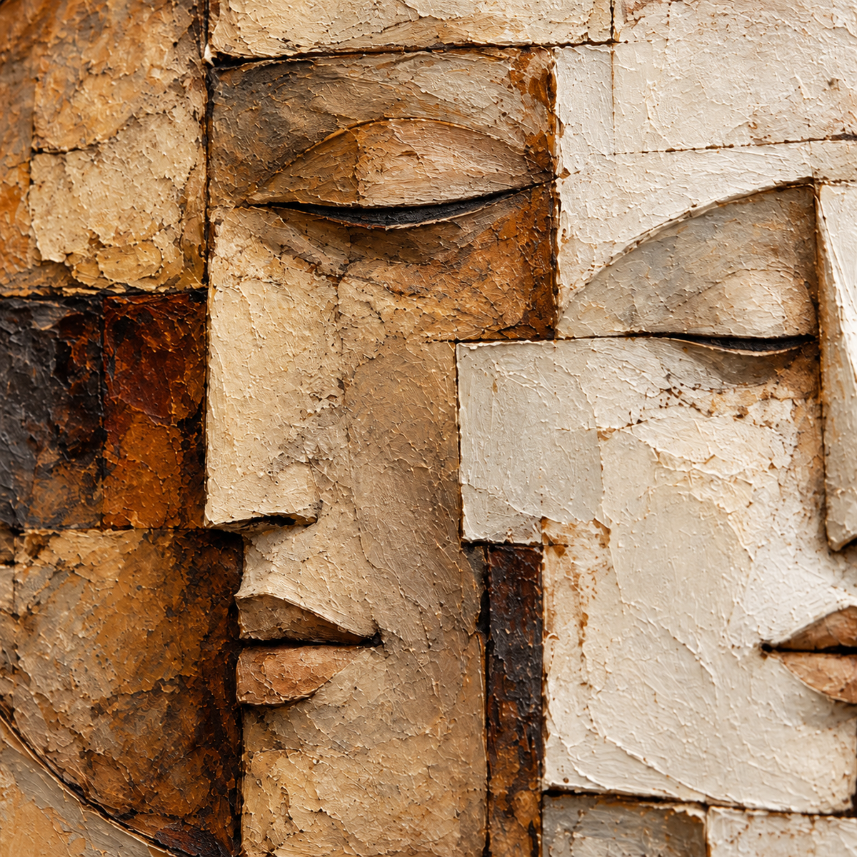 Oblique close-up of the Fragmented-Visage oil painting surface, with grazing light revealing raised paint, layered texture, and color transitions.