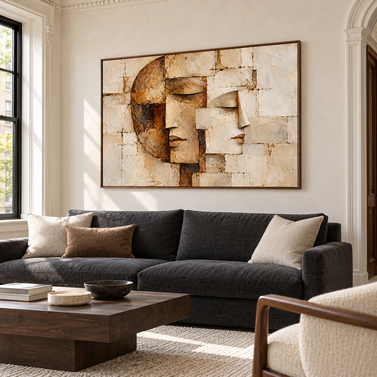 Fragmented-Visage above a charcoal sofa against pale plaster walls in a bright living room, viewed from the left at seated eye level.