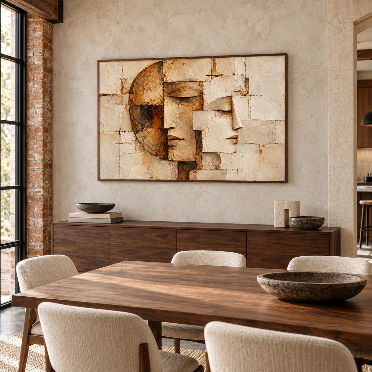 Fragmented-Visage above a dark walnut sideboard beside a long dining table and light stone walls, viewed from the right at standing height.