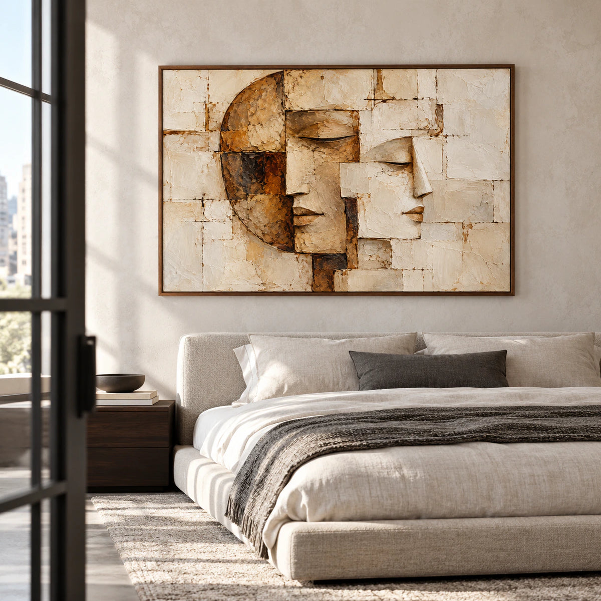 Fragmented-Visage above a low bed with cool pale linen and simple dark wood furniture, viewed from the left at a slightly elevated angle.