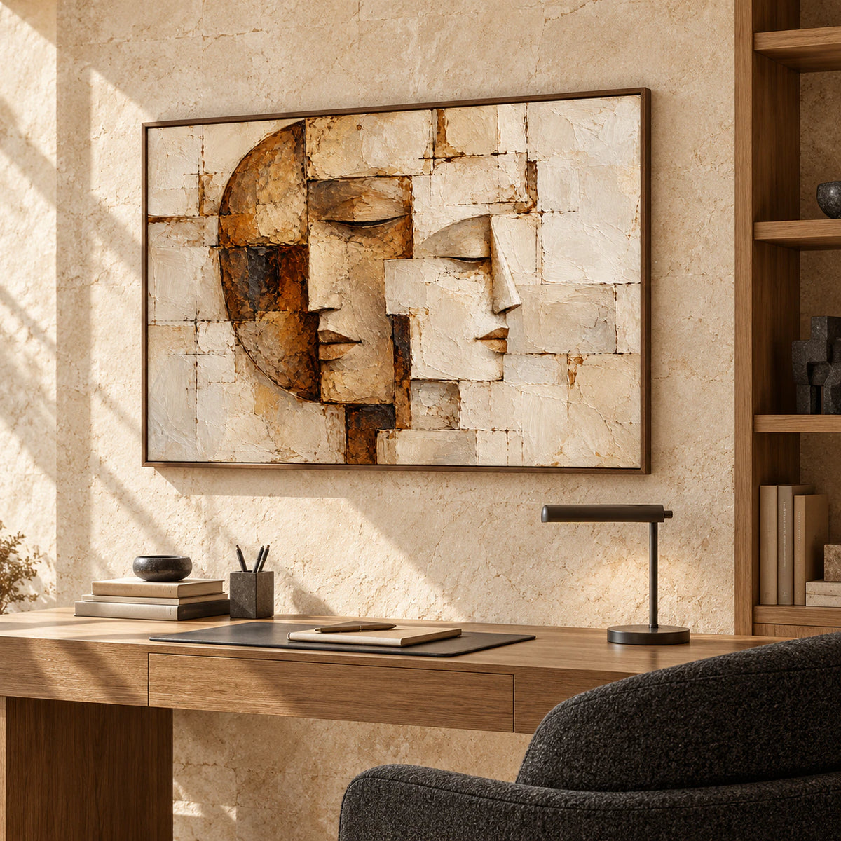Fragmented-Visage above a compact writing desk in a bright home office with open shelving and black and oak furniture, viewed from the right at eye level.