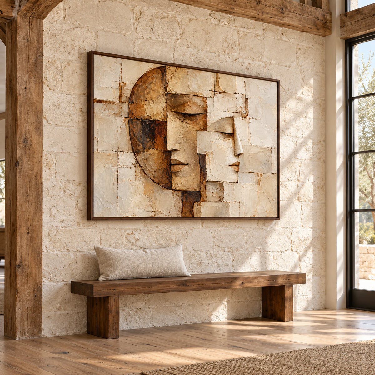 Fragmented-Visage displayed at large scale on a tall pale stone wall in a daylit foyer with wood flooring and a minimal bench, viewed from the left.
