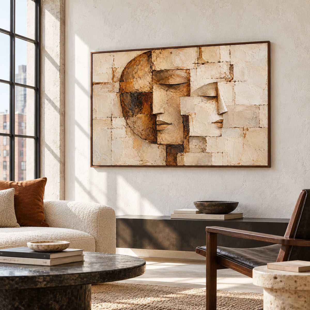 Fragmented-Visage in a spacious loft interior with tall industrial windows, steel, pale concrete, and dark furnishings, viewed from the right in natural daylight.