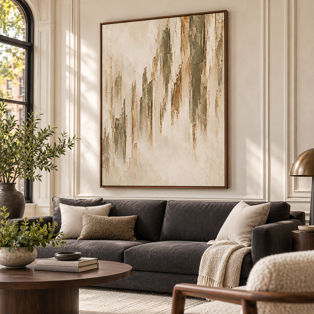 Large Frayed Veil abstract artwork above a restrained charcoal sofa in a bright living room with pale plaster walls and daylight from a tall side window.