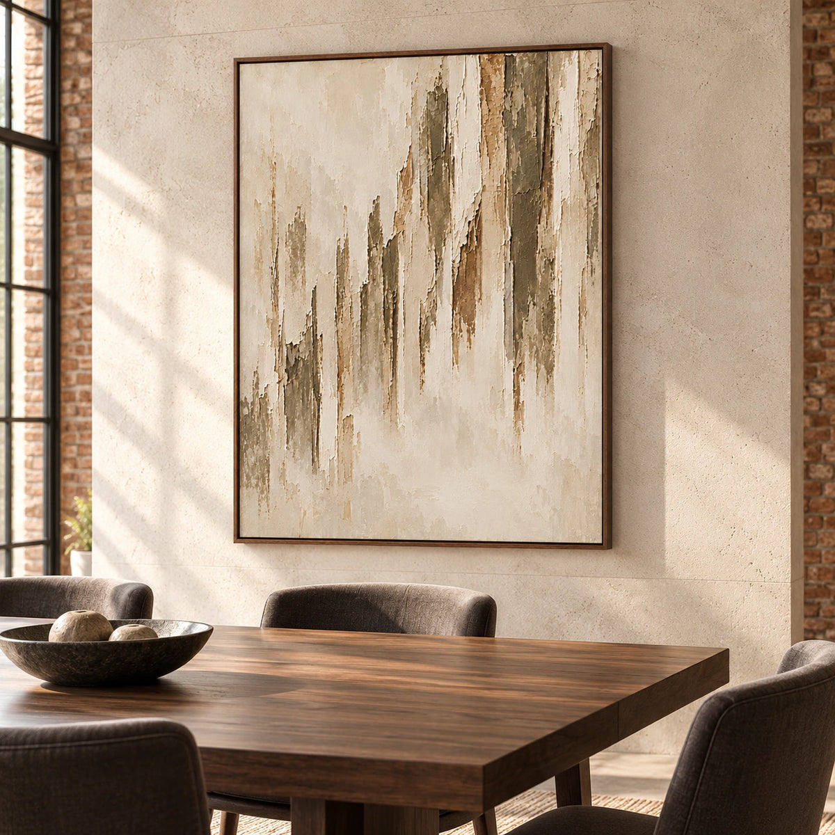 Frayed Veil displayed prominently on a cool limestone dining room wall above a dark walnut table, viewed from a slight left angle in clear daylight.