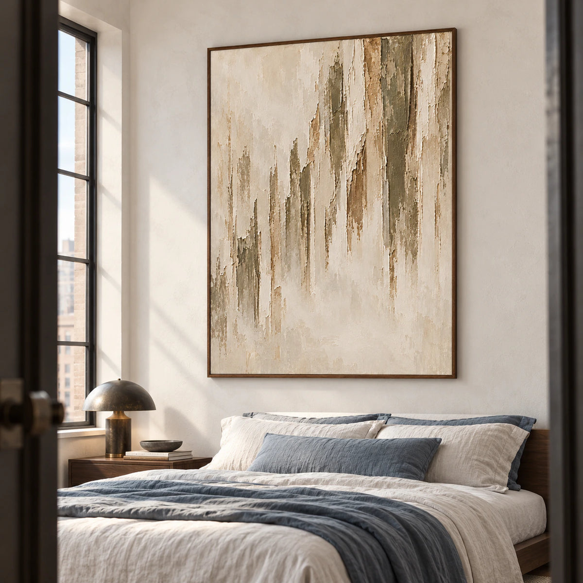 Large vertical Frayed Veil artwork above a simple low bed in a quiet bedroom with muted blue-gray linens and soft morning light.