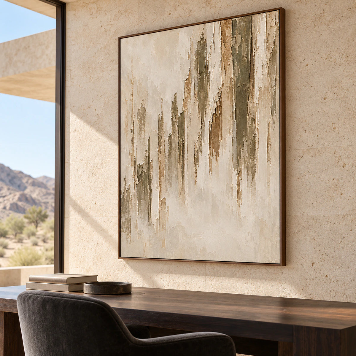 Frayed Veil artwork anchoring an airy reading space with a dark wood desk, a single sculptural chair, and daylight from a high window.