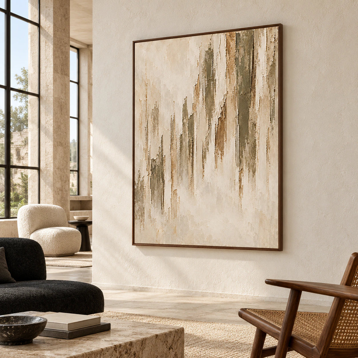 Frayed Veil presented at impressive scale in an expansive loft interior with tall windows, restrained black furnishings, and open daylight.