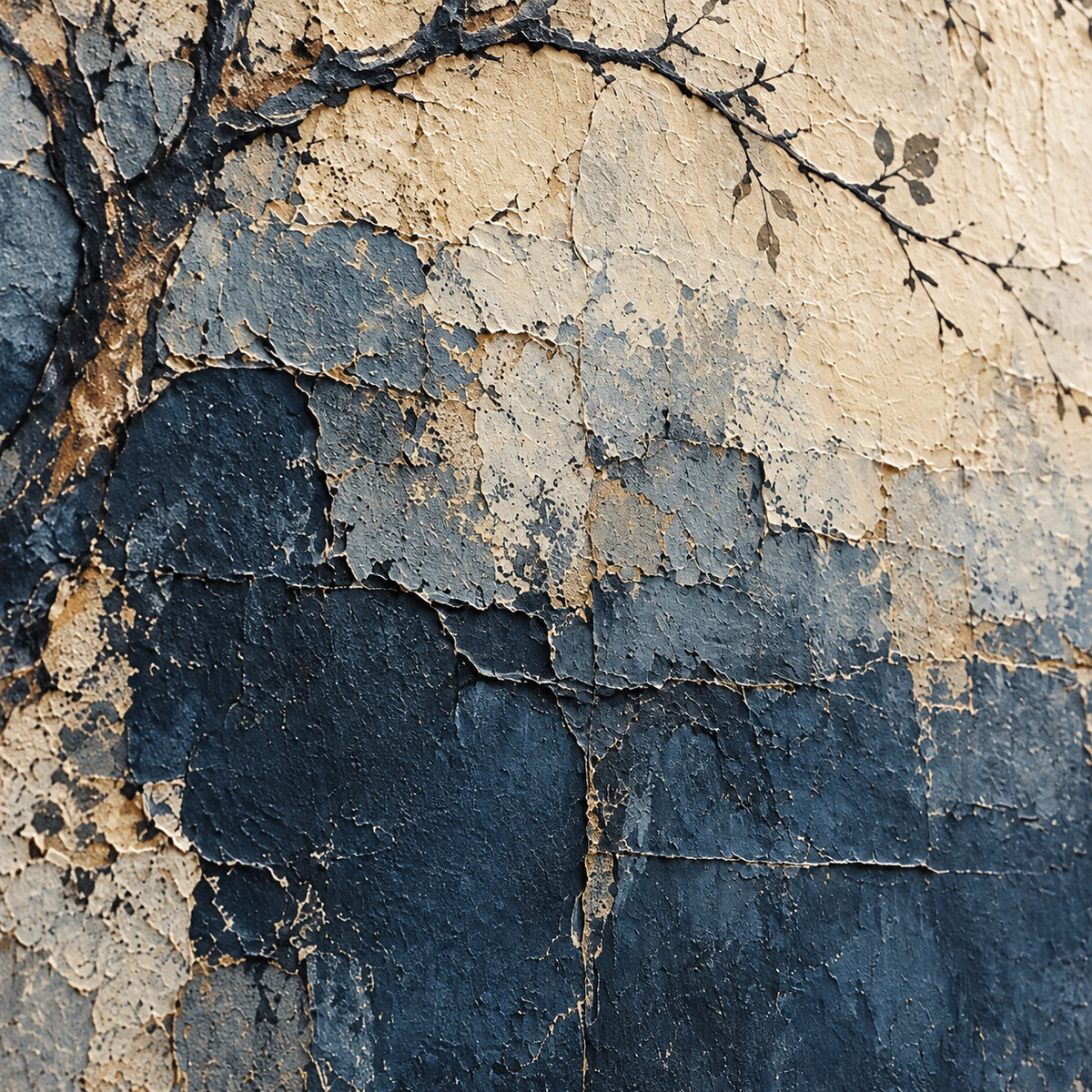 Close detail of the Frosted-Bough oil painting from an oblique side angle, with grazing light revealing raised paint and surface texture.