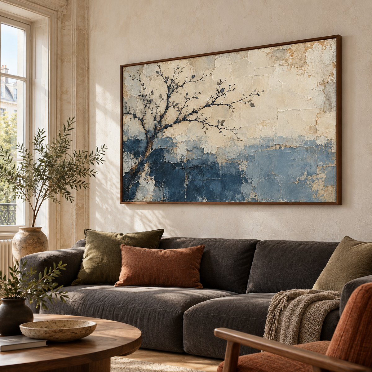 Frosted-Bough painting above a charcoal sofa in a bright living room with pale walls, viewed from a left oblique angle at seated eye level.