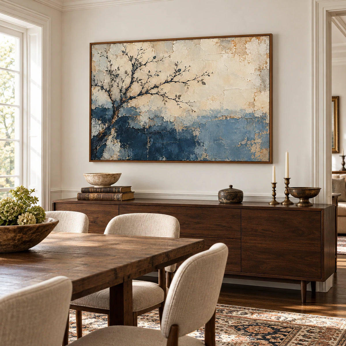 Frosted-Bough painting above a dark walnut sideboard beside a long dining table and neutral seating, viewed from a right oblique angle.