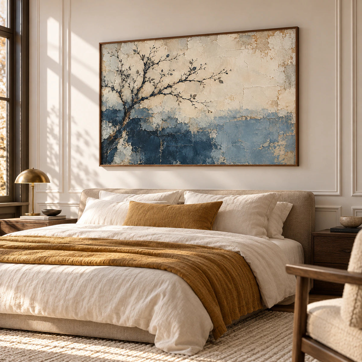Frosted-Bough painting above a low bed with warm white and muted ochre linen bedding in a sunlit bedroom, viewed from a low left oblique angle.