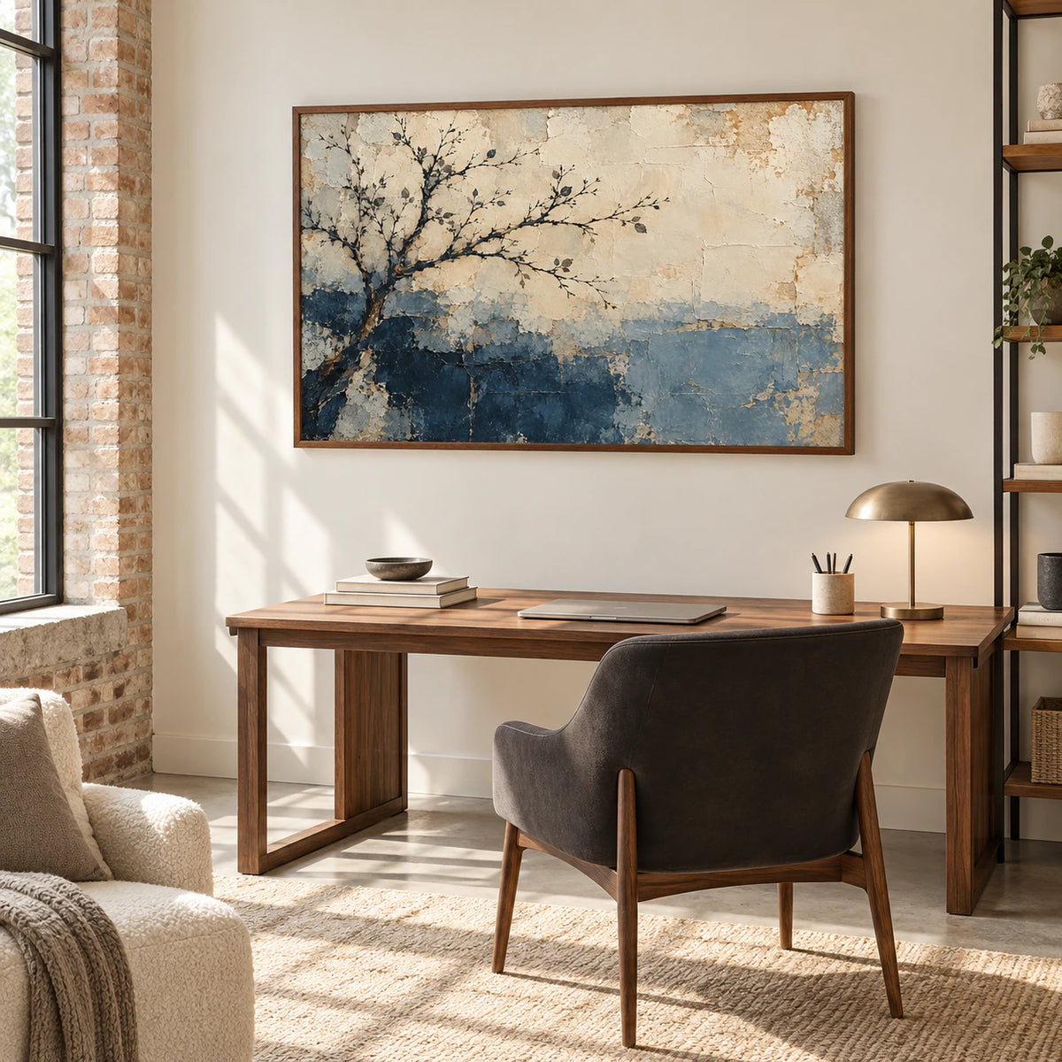 Frosted-Bough painting above a simple desk in a bright home office with pale walls, a dark chair, and minimal shelving, viewed from an elevated right oblique angle.
