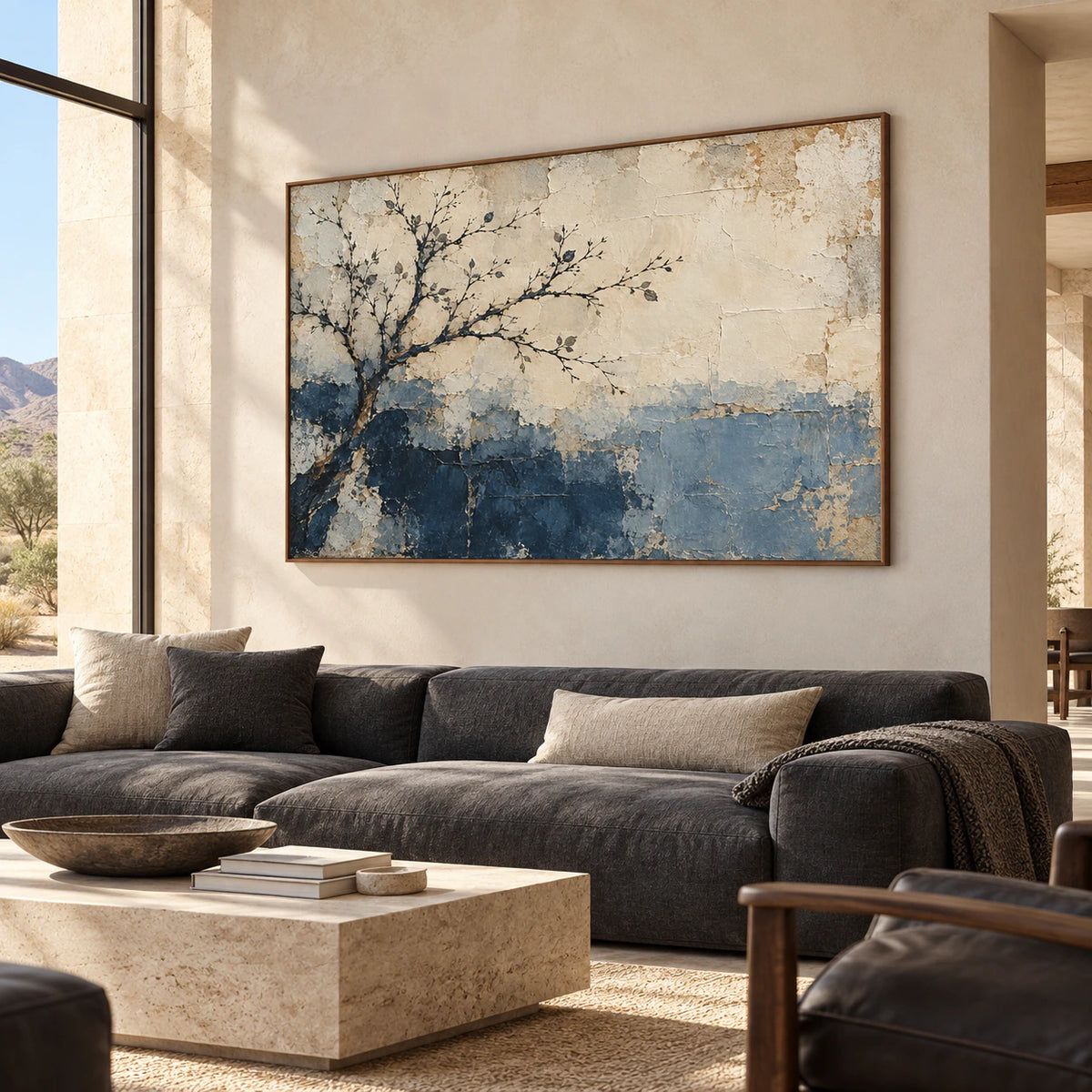 Frosted-Bough painting in an expansive loft hospitality lounge with tall windows, pale surfaces, and dark furniture, viewed from a distant right oblique angle.