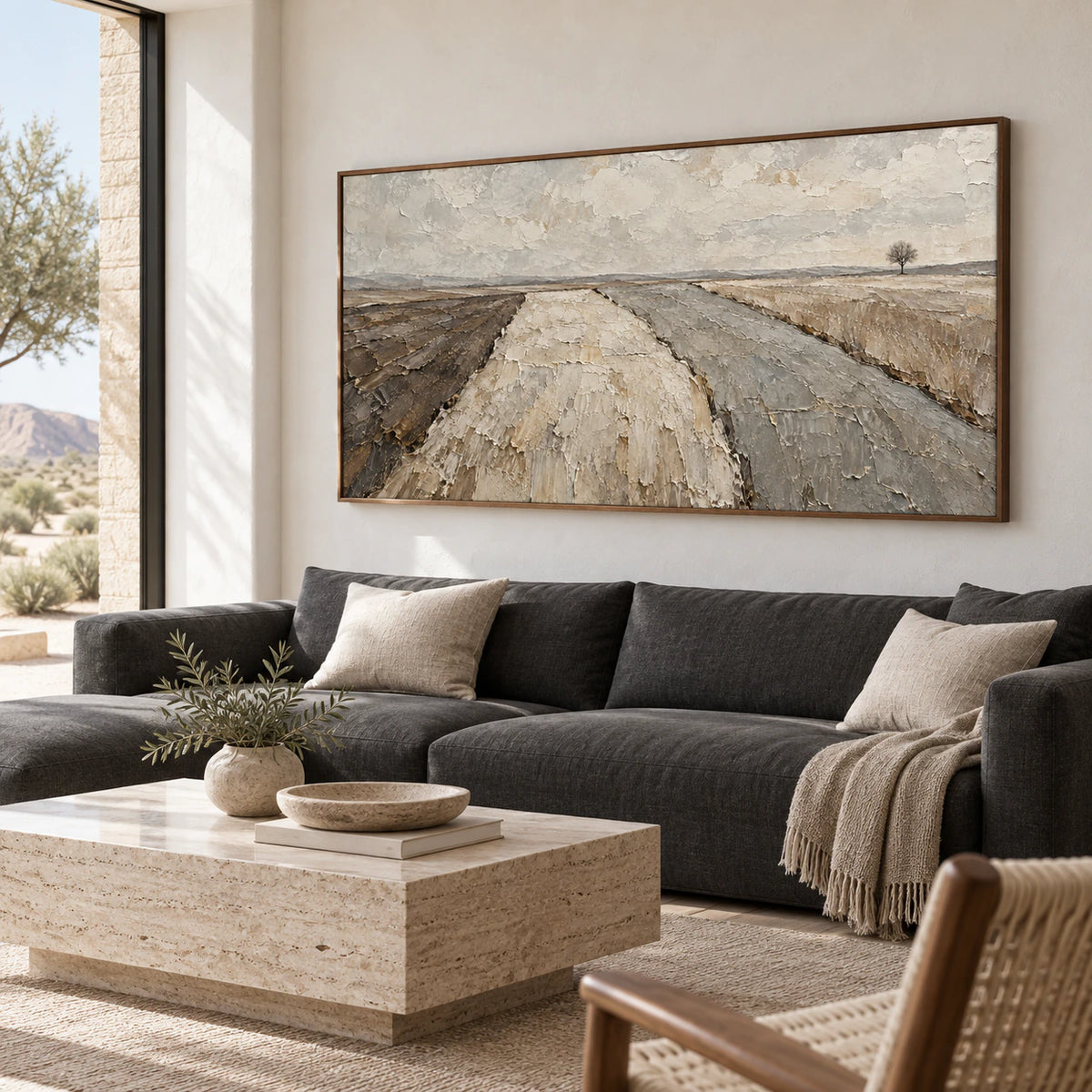 Furrowed-Quiet as the focal artwork above a restrained sofa in a bright living room.