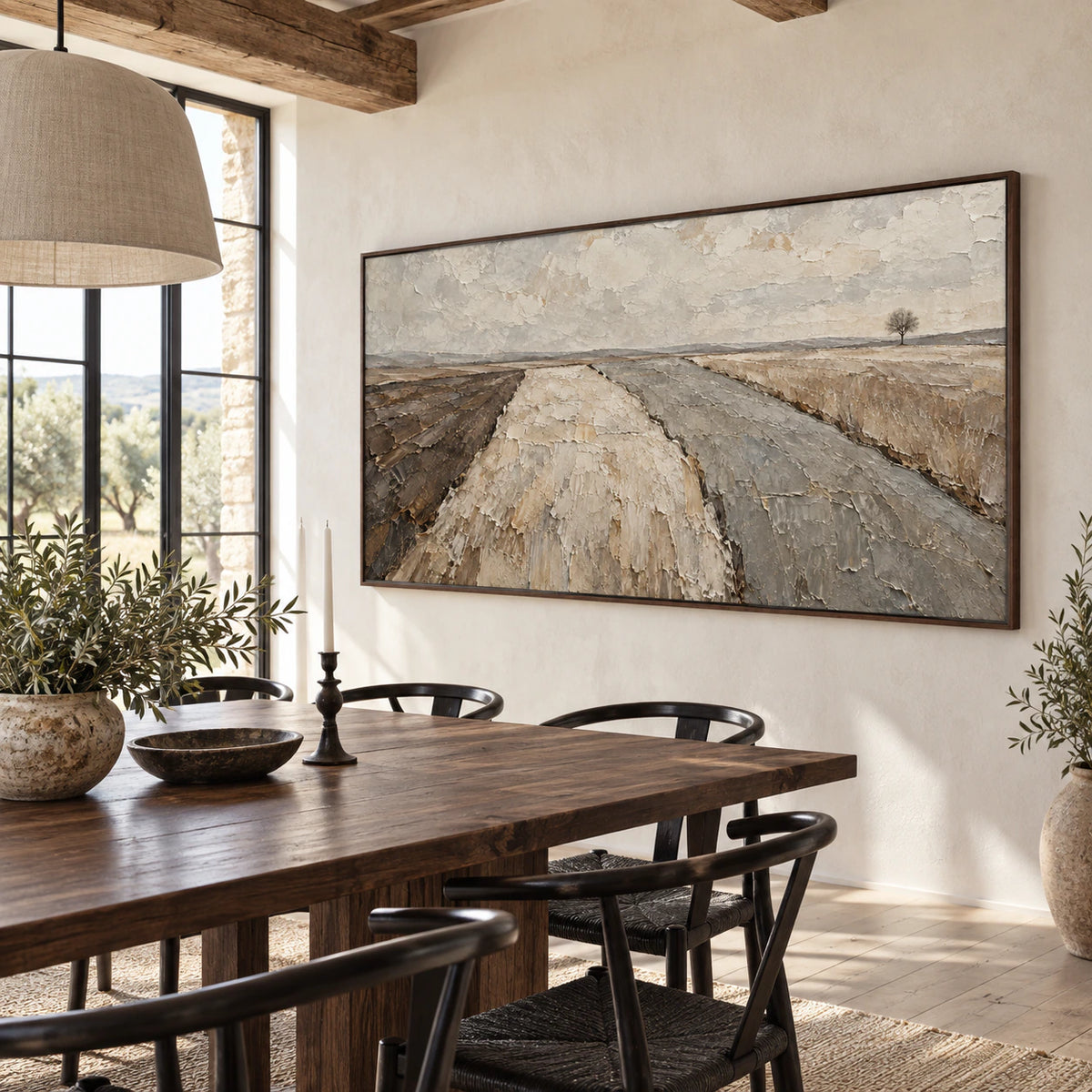 Furrowed-Quiet at large scale in a refined daylight-filled dining room.