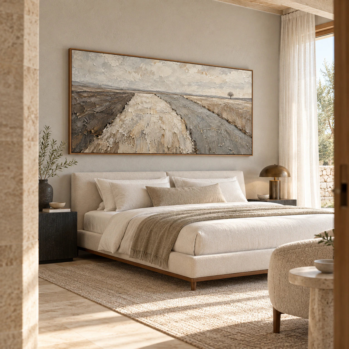 Furrowed-Quiet anchoring a quiet, airy bedroom with soft natural light.
