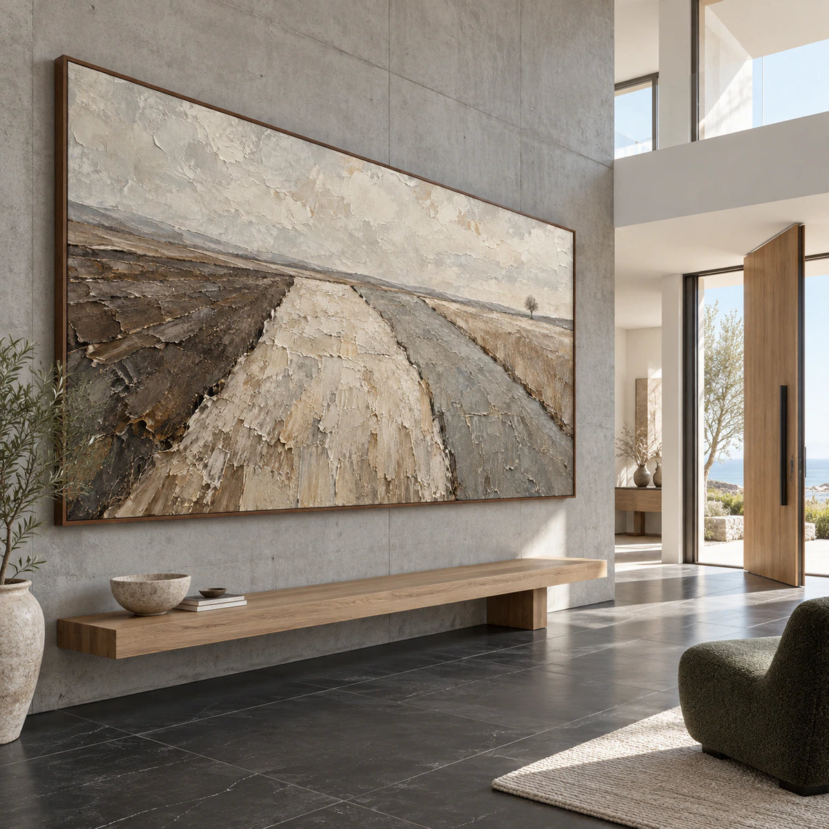 Furrowed-Quiet presented at gallery scale in a luminous contemporary foyer.