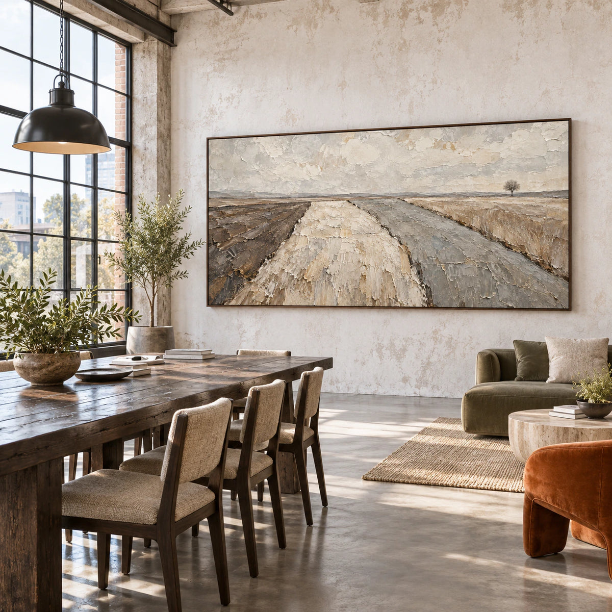 Furrowed-Quiet featured prominently in an expansive hospitality loft interior.