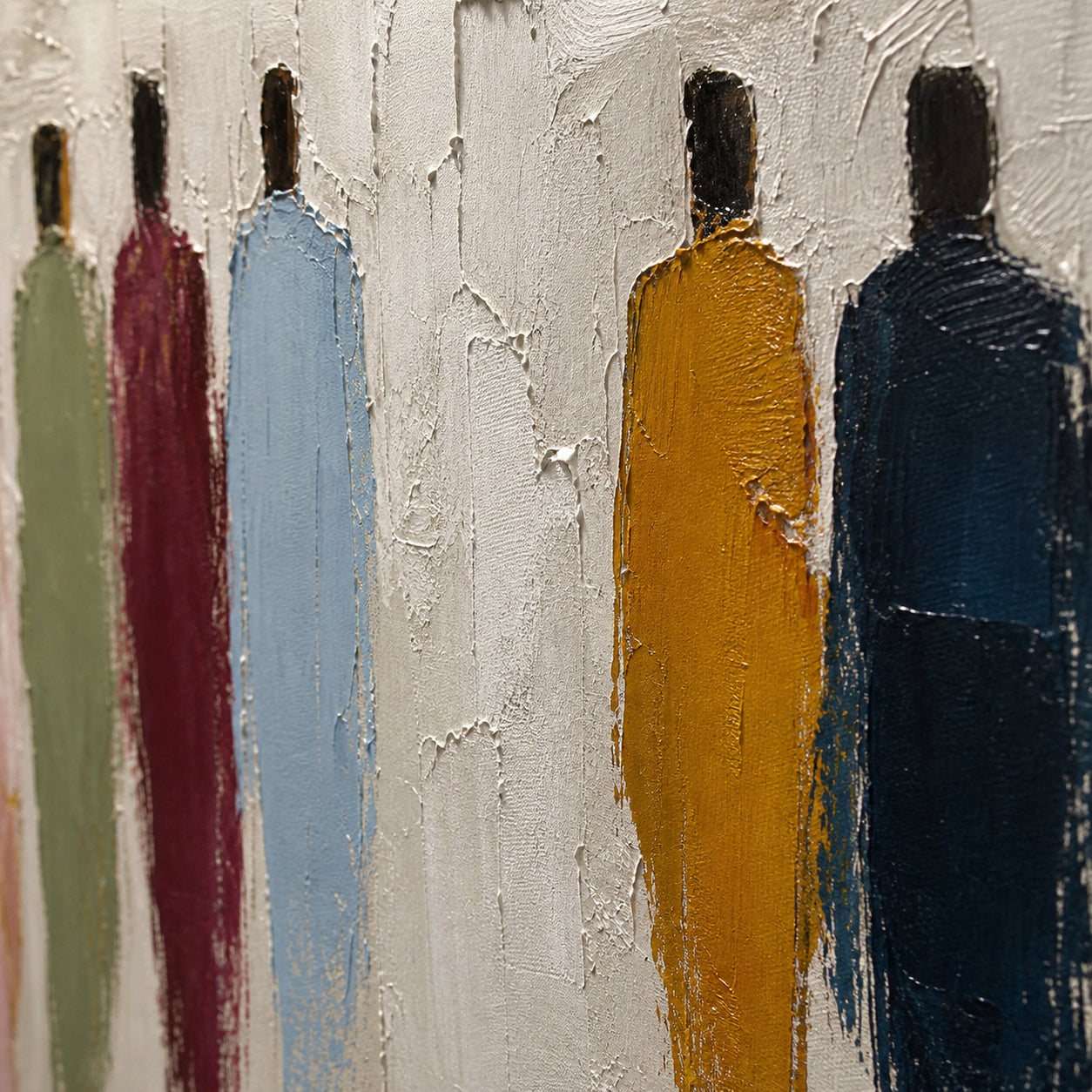 Gathered-Silhouettes oil painting brushwork and impasto detail photographed from an oblique side angle