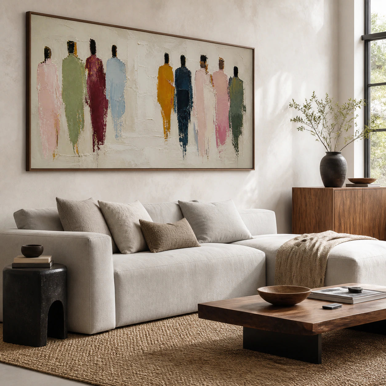 Gathered-Silhouettes as the focal point in a bright contemporary living room.