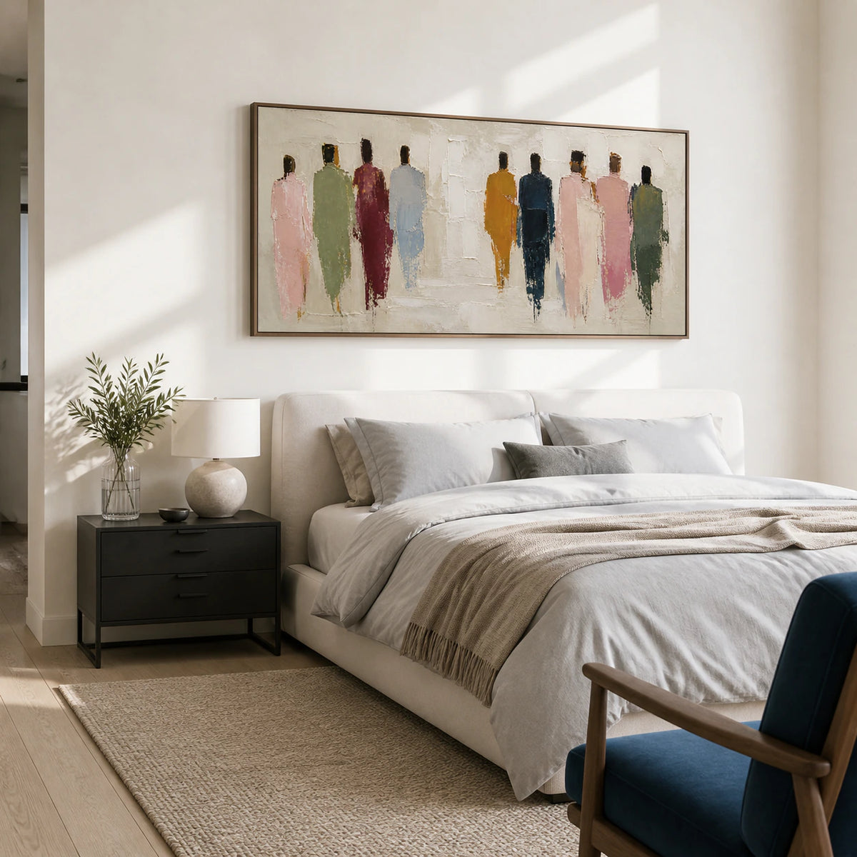 Gathered-Silhouettes bringing muted figure forms to a quiet bedroom.