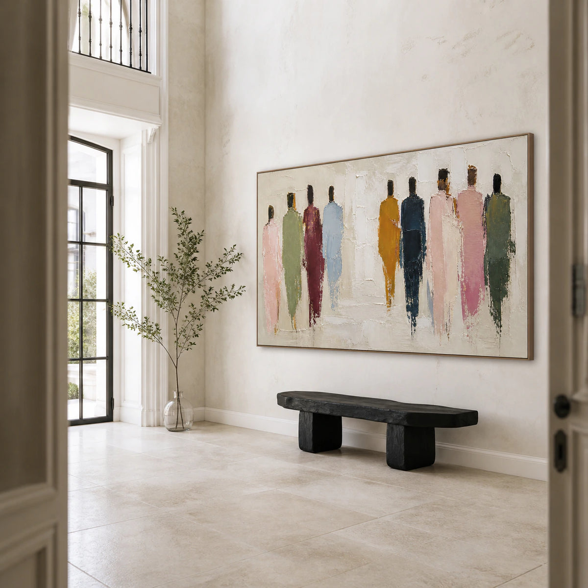 Gathered-Silhouettes displayed at gallery scale in a bright foyer.