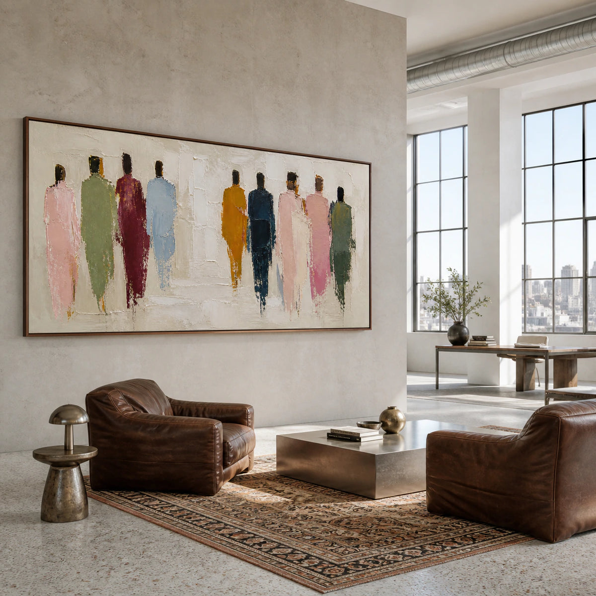 Gathered-Silhouettes anchoring an expansive loft hospitality interior.