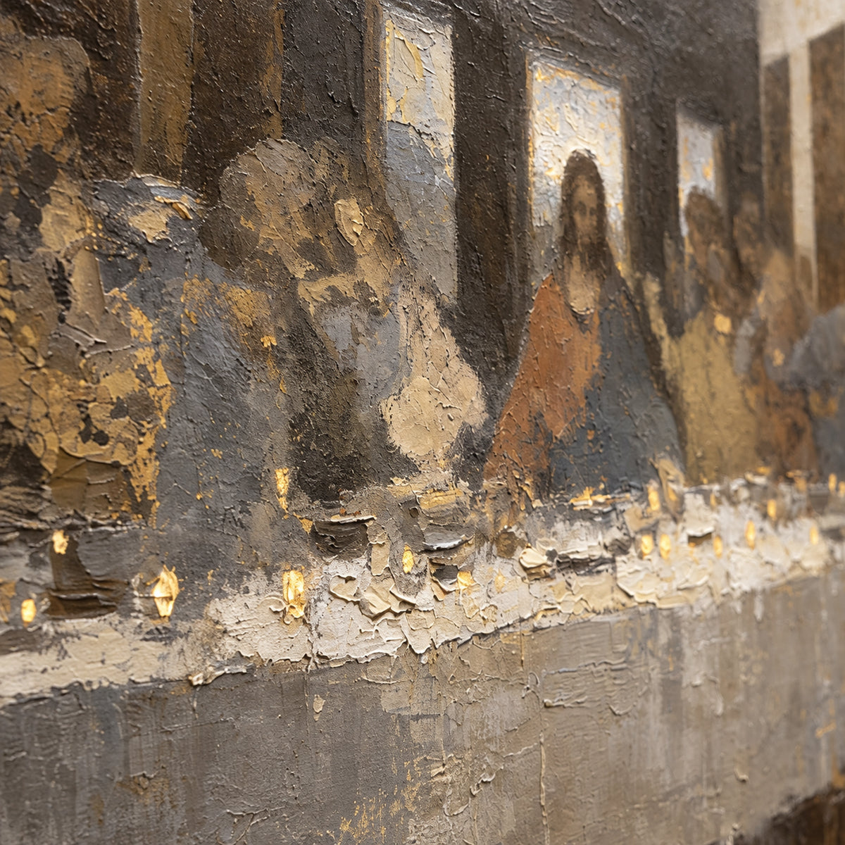 Gathered-Vigil oil painting brushwork and impasto detail photographed from an oblique side angle