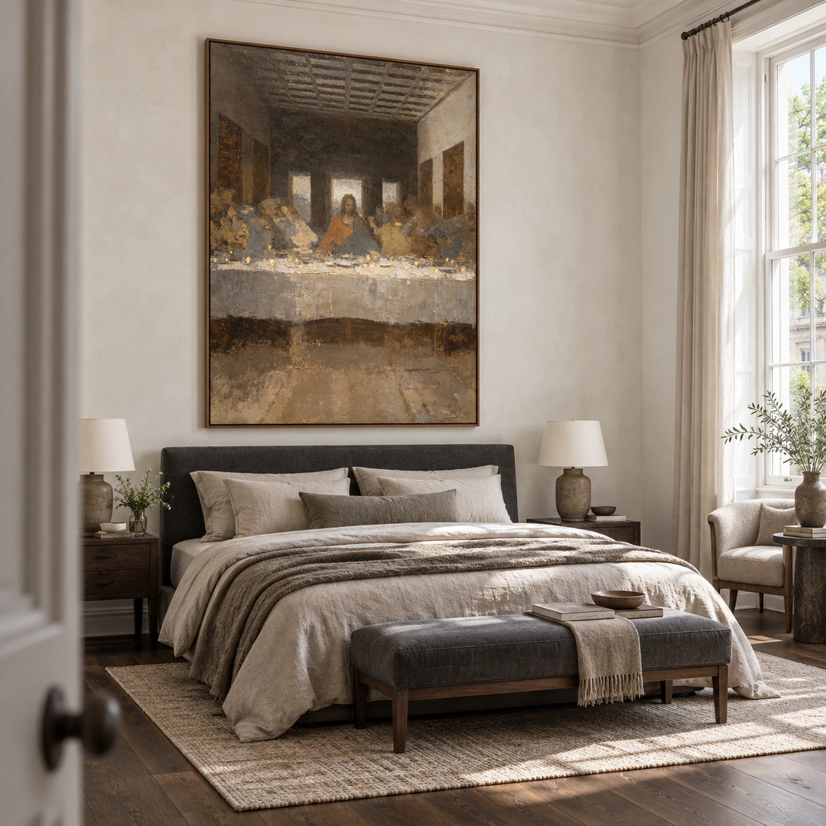 Gathered-Vigil as a large focal point in a quiet, softly lit bedroom.