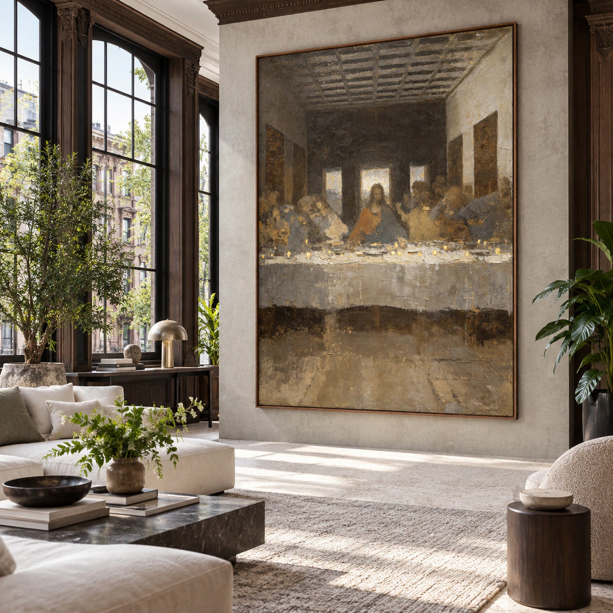 Gathered-Vigil as a large statement artwork in an open hospitality loft.
