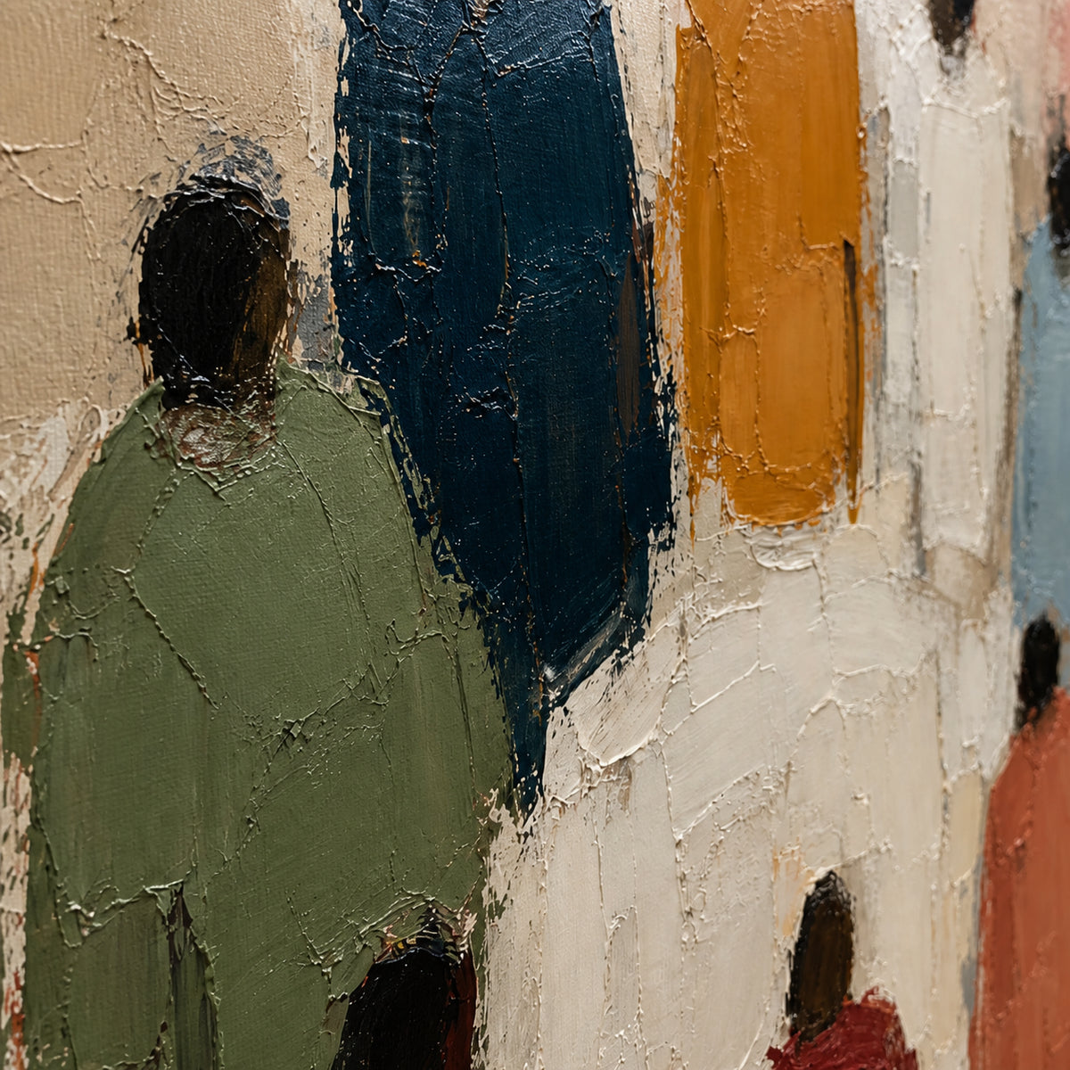 Gathering-Forms oil painting brushwork and impasto detail photographed from an oblique side angle