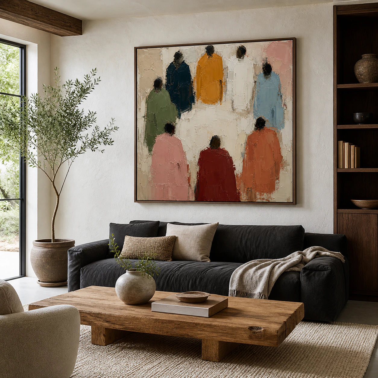 Gathering-Forms as the focal artwork above a restrained sofa in a bright living room.