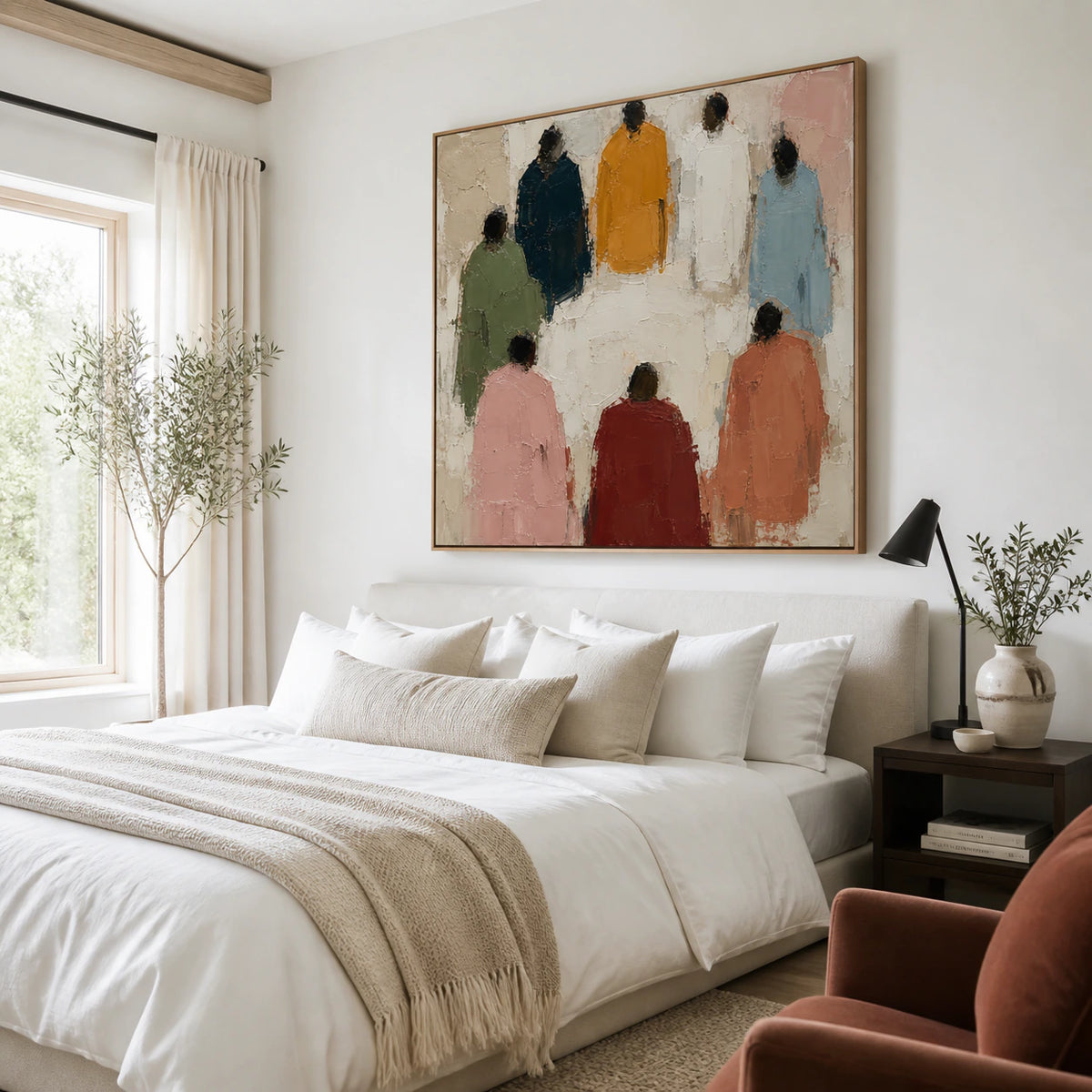 Gathering-Forms as a large tactile focal point in a quiet, light-filled bedroom.