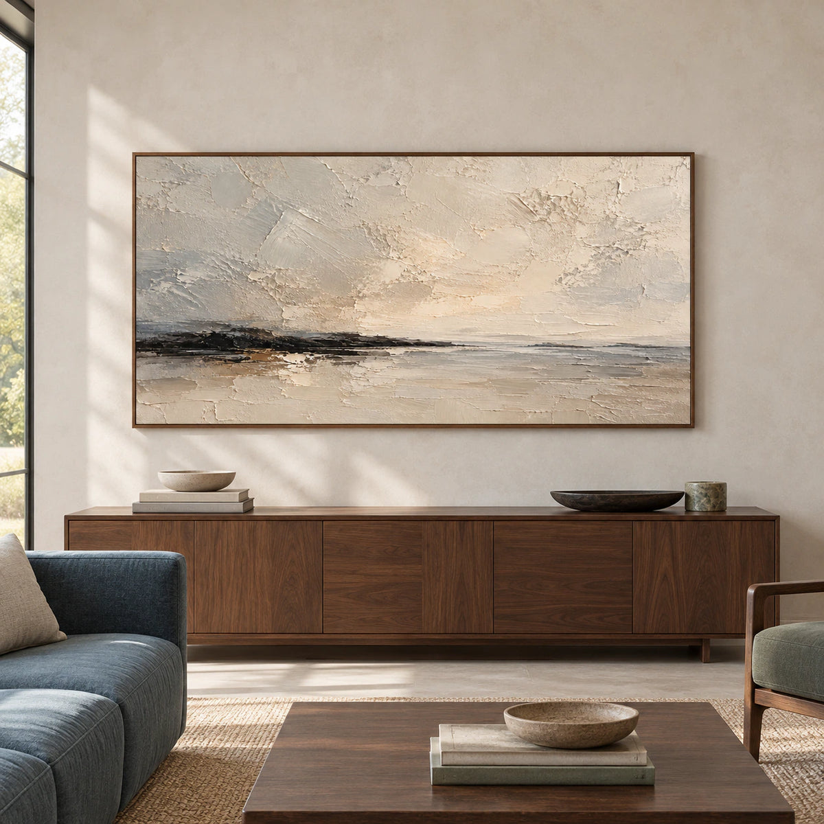 Gesso-Littoral painting viewed straight-on above a low console on a pale stone wall in a spacious modern living room with bright daylight.